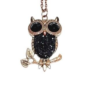 Owl Pendant Necklace Vintage 24" Copper & Black Agate Eyes 1970s ADJ Chain VGC!